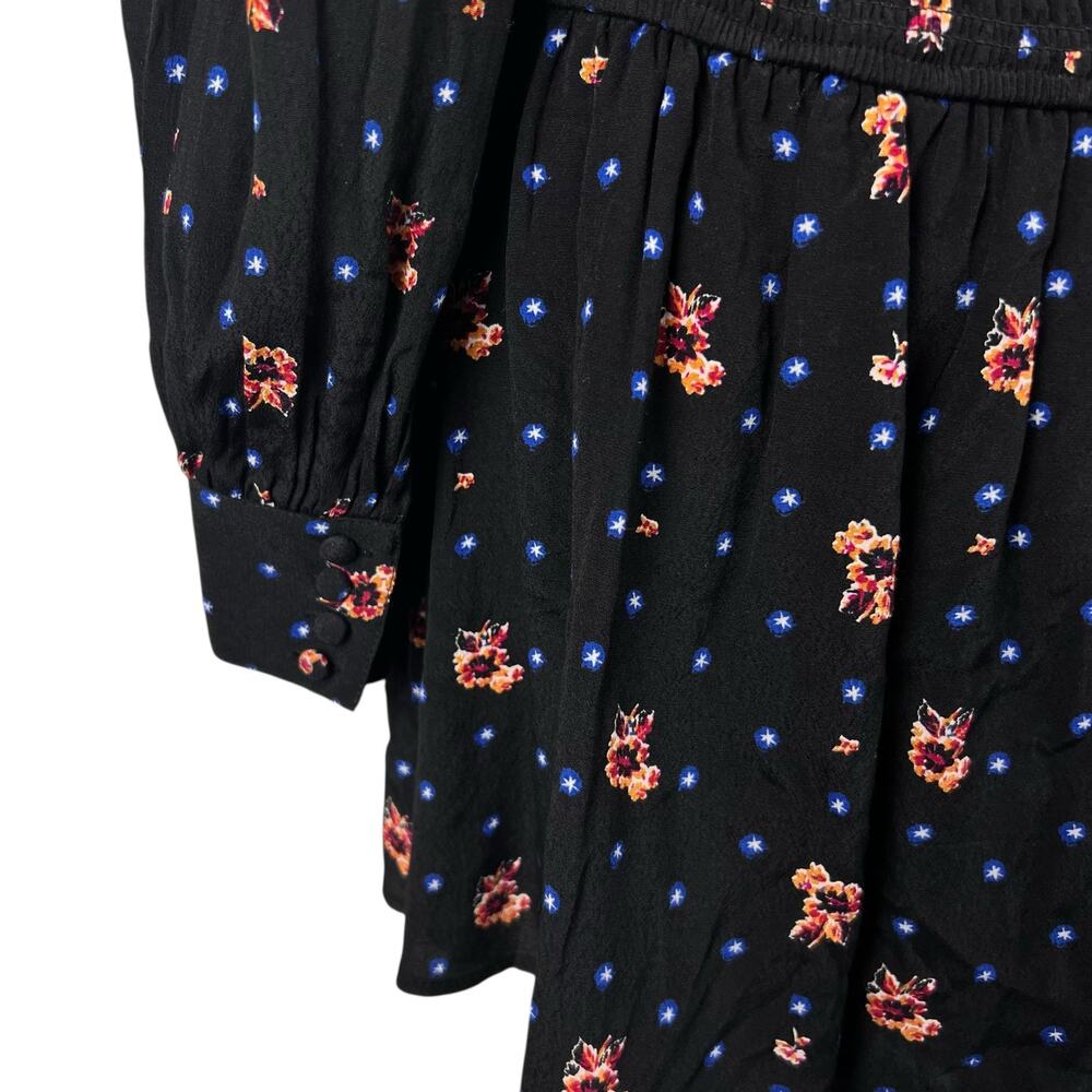 Free People Two Faces Mini Dress Black Floral Smocked Long Sleeve Size S - Picture 8 of 11